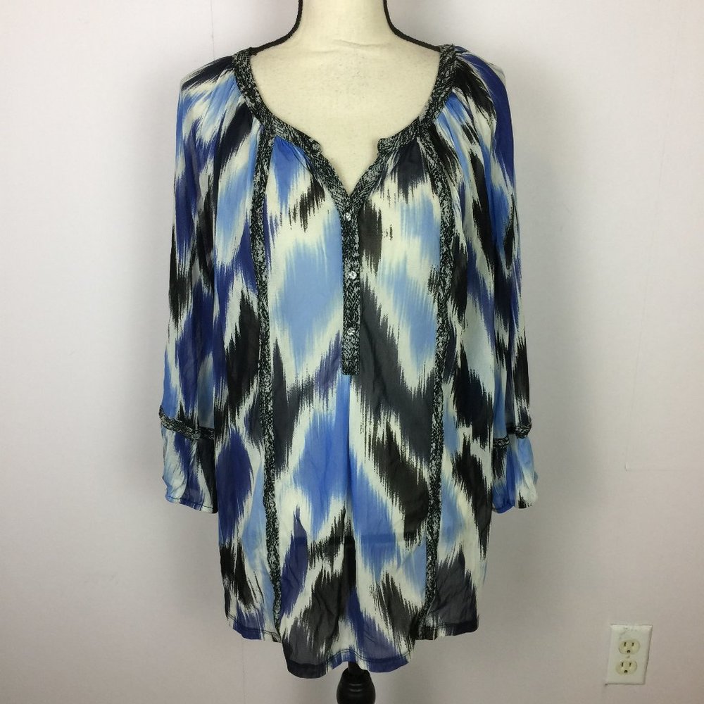 Alfani Blouse Tunic Top Size 2X Womans Plus Black Blue 3/4 Sleeve Stretch Button